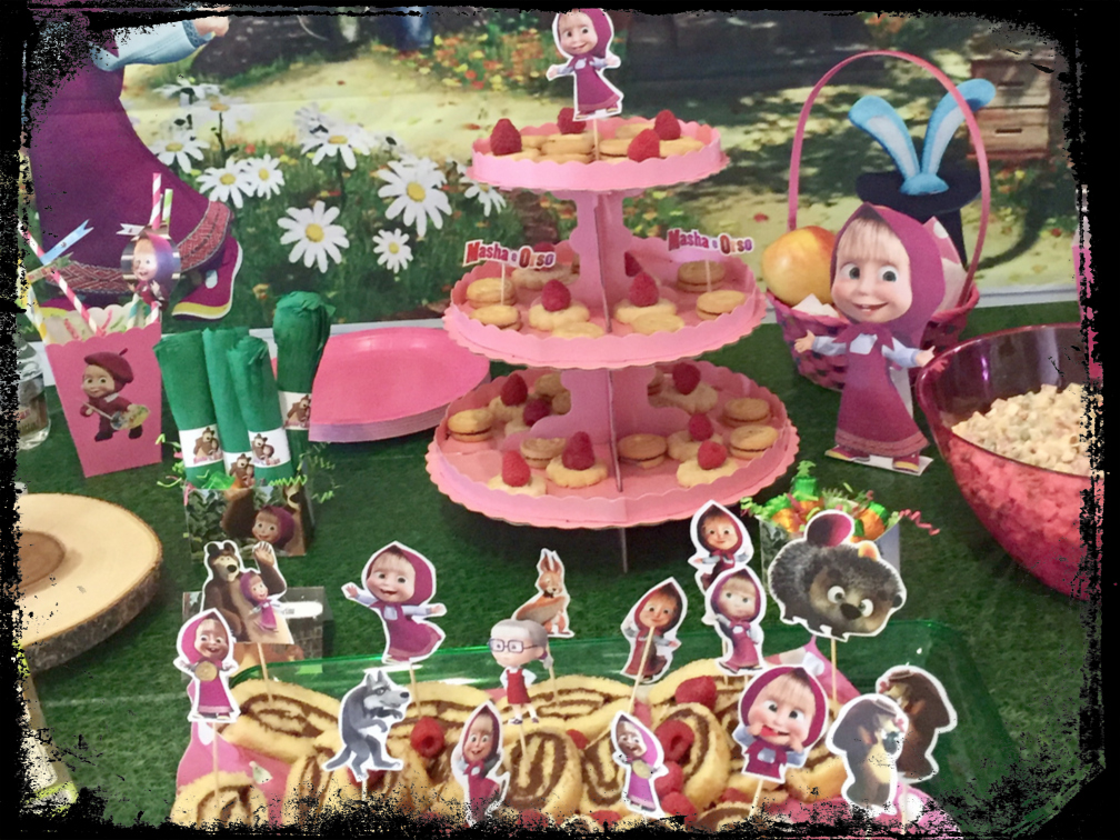 Masha and the bear party theme - cookies, russian salad, nutella rolls